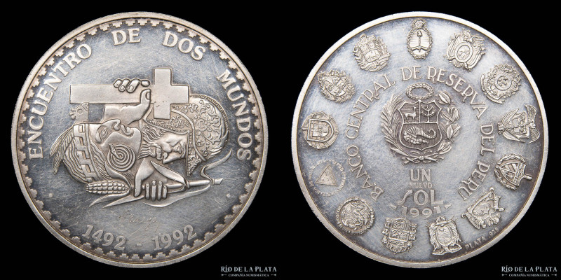 Perú. 1 Nuevo Sol 1991. Encuentro de Dos Mundos. AG.925; 40mm; 25g. KM302 (XF) H...