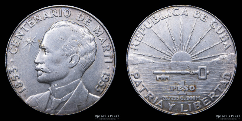 Cuba. 1 Peso 1953. "Centenario de José Martí 1853-1953". AG.900; 38mm; 26.87g. K...