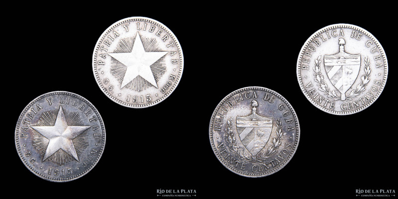Cuba. Lote x2. 20 Centavos 1915. Alto y bajo relieve. AG.900; 23.5mm; 5.00g. KM1...