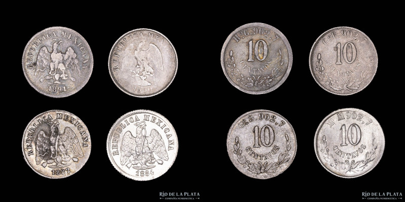 México. Lote x4. 10 Centavos 1882, 1884, 1891 y 1900. AG.903; 18mm; 10.56g (peso...