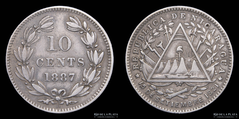 Nicaragua. 10 Centavos 1887. AG.800; 18mm; 2.40g. Escasa. Único año. KM 6 (VF+)...