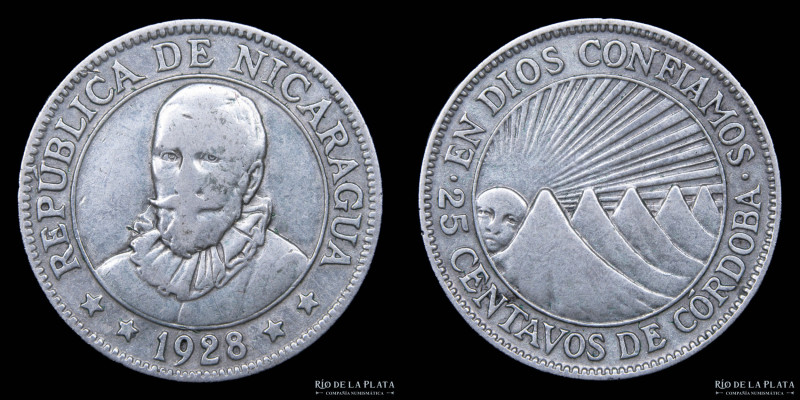 Nicaragua. 25 Centavos de Córdoba 1928. AG.800; 24mm; 6.25g. KM14 (XF)

Nota: ...
