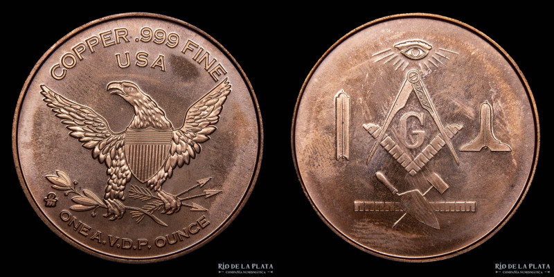 USA. Onza de Cobre. Motivos masónicos. Cobre; 38mm; 28.92g. (UNC)

Nota: Todos...