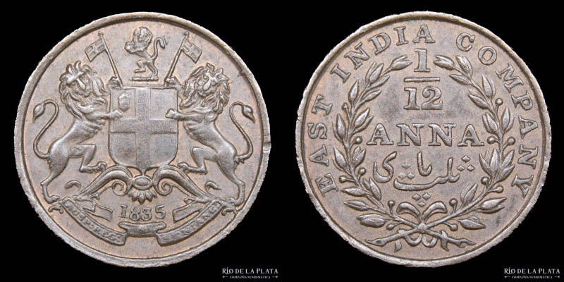 India Británica. 1/12 Anna 1835. Cobre; 18mm; 2.18g. KM445 (XF)

Nota: Todos l...