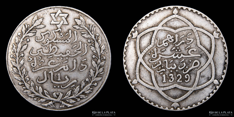 Marruecos. Abd al-Hafiz AH 1325-1329 (1908-1912) .10 Dirhams AH 1329 (1911) AG.9...