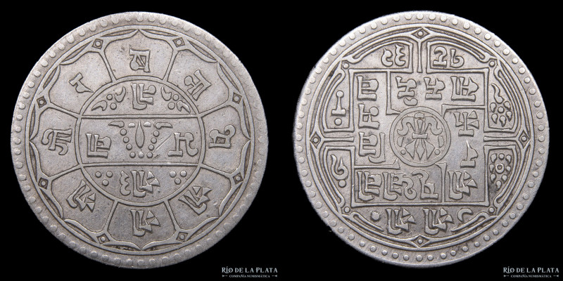 Nepal. Prithvi Bir Bikram (1881-1911). 2 Mohars 1832 (1910). Plata; 29mm; 10.82g...