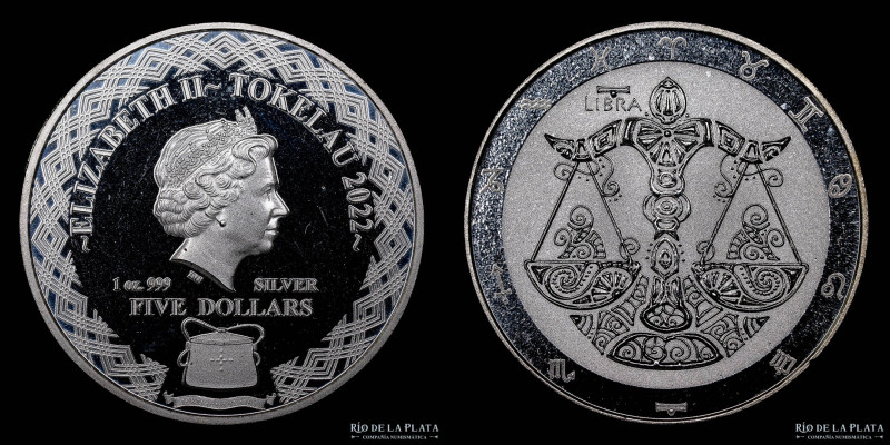 Tokelau. 5 Dollars 2022. Zoodiaco. Libra. Plata. AG.999; 38.6mm; 31.1g. (Proof)...