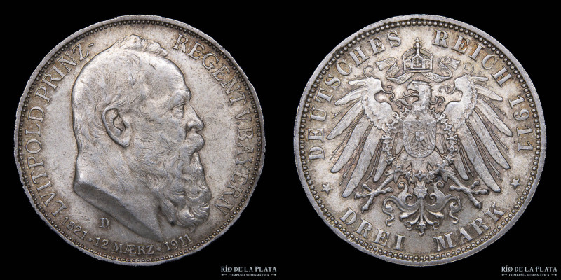Estados alemanes. Baviera. Leopoldo (1886-1912) 3 Mark 1911 D. Munich. AG.900; 3...