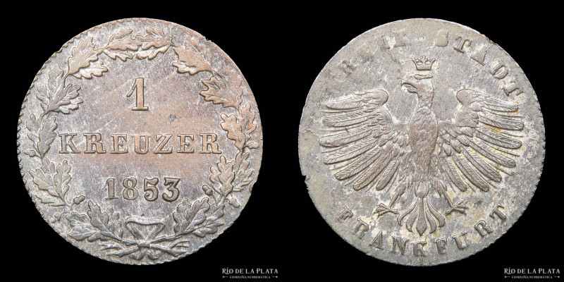 Alemania. Frankfurt. 1 Kreuzer 1853. AG.167; 14mm; 0.69g. KM312 (XF)

Nota: To...
