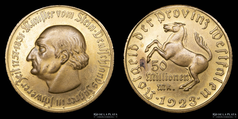 Alemania. Weimar. Westfalen Notgeld. 50 Millionen Mark 1923. Tombac chapado con ...