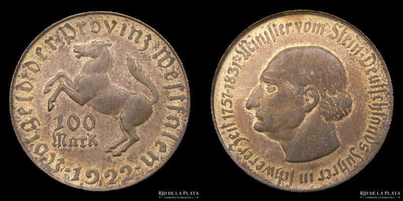 Alemania. Weimar. Westfalen Notgeld. 100 Mark 1922. Tombac; 26mm; 4.33g. Menzel ...