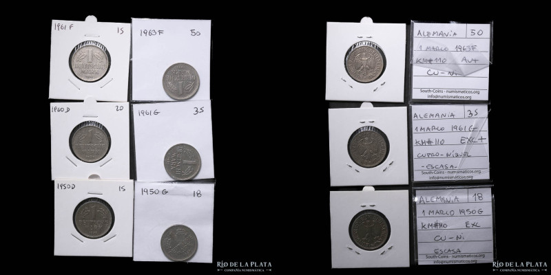 Alemania. Lote x6. 1 Mark 1950 a 1963. Todas escasas, incluye 1950D, 1950G, 1960...