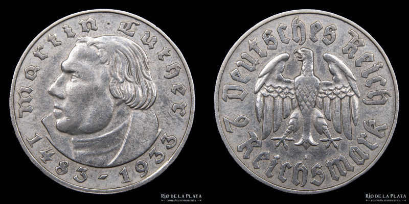 Alemania. 2 Reichsmarks 1933 "Martin Luthero". AG.625; 25.0mm; 8.00g. KM79 (VF+)...