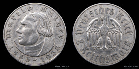 Alemania. 2 Reichsmarks 1933 A Luthero. KM79