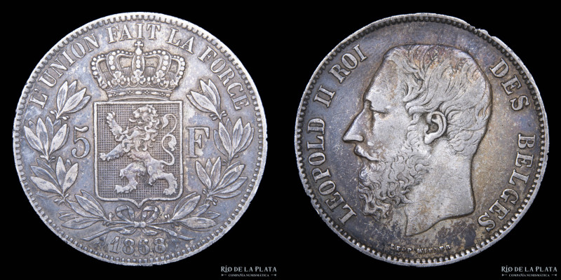 Bélgica. Leopold II. 5 Francs 1868. AG.900; 37mm; 24.93g. KM24 (VF+)

Nota: To...