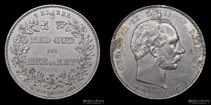 Dinamarca. Christian IX (1863-1906). Aniversario de reinado. 2 Kroner 1888. AG.8...