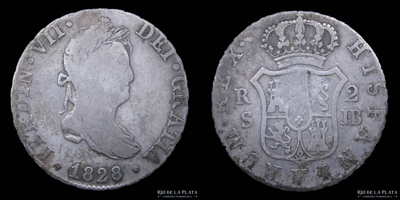 España. Fernando VII (1808-1833) 2 Reales 1828 JB Sevilla. AG.812; 26mm; 5.83g. ...