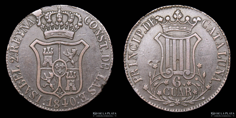 España. Principado de Cataluña. Isabella II (1833-1868) 6 Quartos 1840. Cobre; 3...