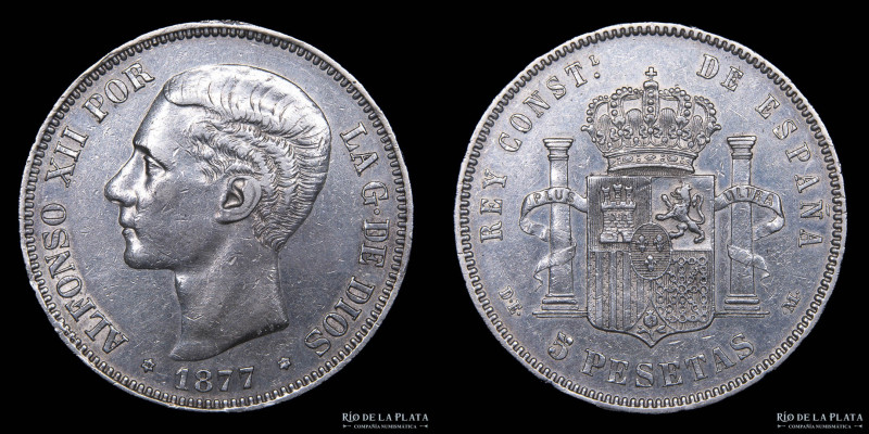 España. Alfonso XII (1874-1885) 5 Pesetas 1877 (77) DE M. AG.900; 37.0mm; 25.0g....