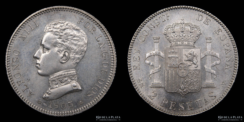 España. Alfonso XIII (1886-1931) 2 Pesetas 1905 SM-V. AG.835, 27.0mm; 10.00g. KM...