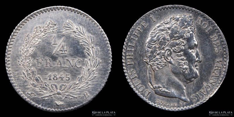 Francia. Louis Philippe (1830-1848). 1/4 Franc 1845 B. Rouen mint. Marca de ceca...
