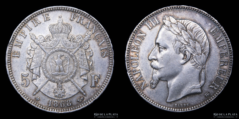 Francia. Napoleón III (1852-1870) 5 Francs 1868A. Paris mint. AG.900; 37.0mm; 25...