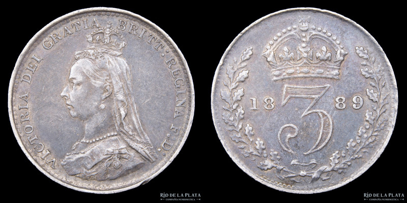 Gran Bretaña. Victoria (1837-1901). Three Pence 1889. AG.925; 16mm; 1.40g; KM758...