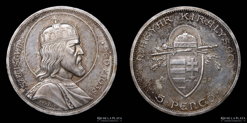 Hungria. 5 Pengo 1938. AG.640; 36mm; 25.01g. 900º Aniversario de la muerte de Sa...