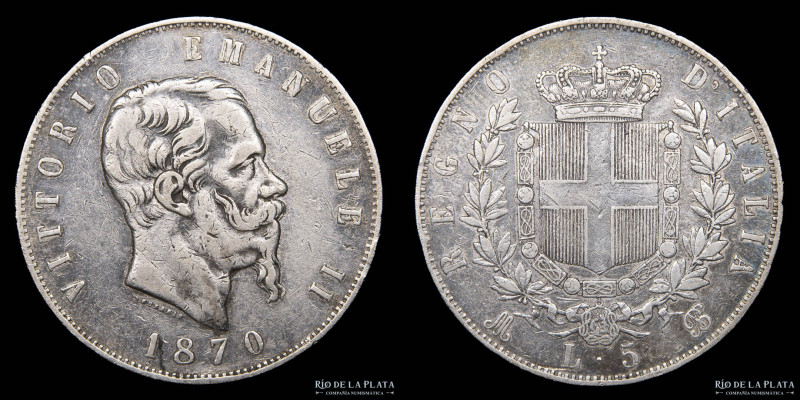 Italia (Reino) Vittorio Emanuele II (1861-1878) 5 Lire 1870 M BN. Milan mint. AG...
