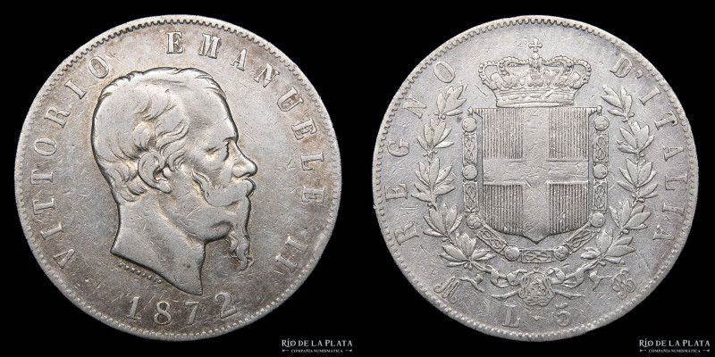 Italia (Reino) Vittorio Emanuele II (1861-1878) 5 Lire 1872 M BN. Milan mint. AG...