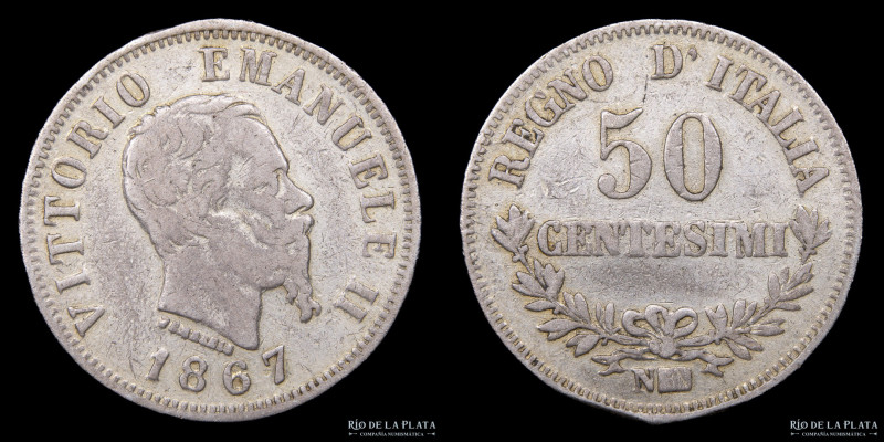Italia (Reino) Vittorio Emanuele II (1861-1878) 50 Centesimi 1867 N BN. Napoles ...