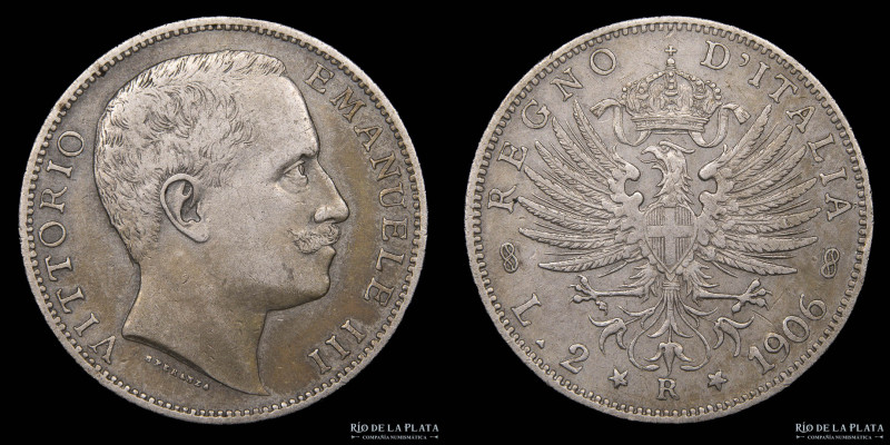 Italia. Vittorio Emanuele III (1900-1946) 2 Lire 1906 R. Roma. AG.835; 27.0mm; 9...