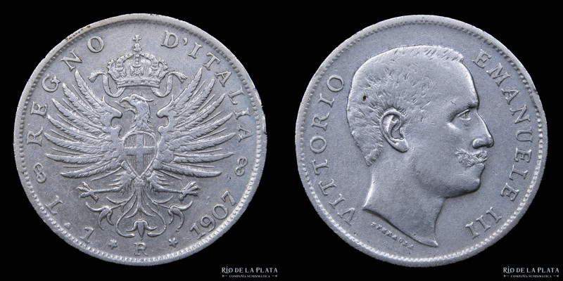 Italia. Vittorio Emanuele III (1900-1946) 1 Lira 1907 R. Roma. AG.835, 27.0mm; 4...