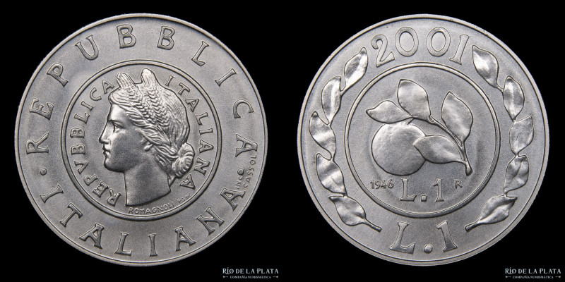 Italia. 1 Lira 2001 (1946). AG.835; 29mm; 11.0g. En el centro, reproducción de l...