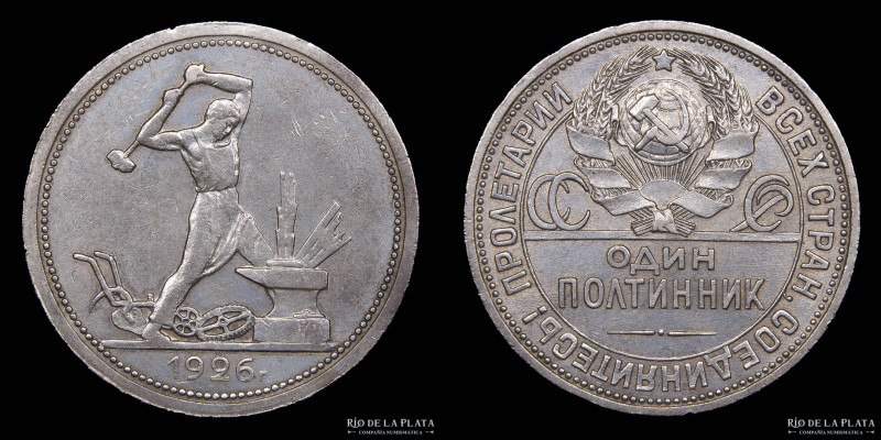 Rusia. 1 Poltinnik 1926. AG.900; 26.67mm; 10.02g. KM Y89.2 (VF+)

Nota: Todos ...
