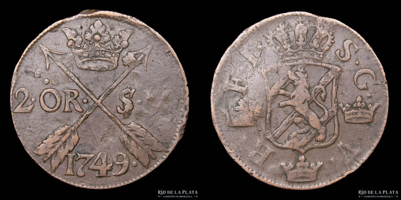 Suecia. 2 Ore 1749. Cobre; 33.2mm; 27.91g. KM437 (F+)

Nota: Todos los precios...