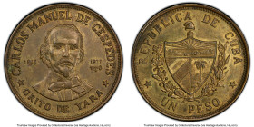 Republic brass Off-Metal Trial "Carlos Manuel de Cespedes" Peso 1977 MS63 PCGS, cf. KM186 (standard issue, in copper-nickel). HID09801242017 © 2023 He...