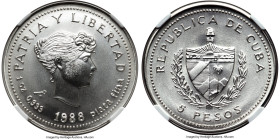 Republic silver Pattern "Souvenir Peso - 90th Anniversary" 5 Pesos (1 oz) 1988 MS67 NGC, KM-Unl, Aledon-PPV28. Mintage: 6. Reeded edge. An exceedingly...