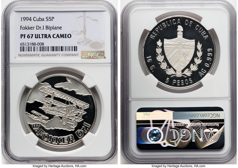 Republic silver Proof "Fokker Dr.I Biplane" 5 Pesos 1994 PR67 Ultra Cameo NGC, H...