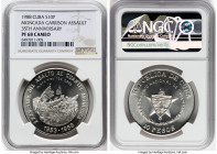 Republic silver Proof "Moncada Garrison - 35th Anniversary" 10 Pesos (1 oz) 1988 PR68 Cameo NGC, Havana mint, KM230, Aledon-286. Mintage: 5,000. Theme...