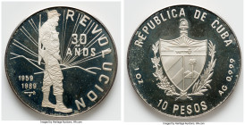 Republic silver Proof "Fidel Castro - 30th Anniversary of Revolution" 10 Pesos (1 oz) 1989, Havana mint, KM241.1. Mintage: 5,000. Themes of the Cuban ...