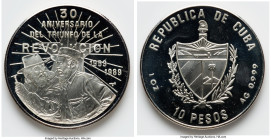 Republic silver Proof "Castro & Marti - 30th Anniversary of the Revolution" 10 Pesos (1 oz) 1989, Havana mint, KM24.2. Themes of the Cuban Revolution ...