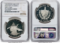 Republic silver Proof Piefort "Arrival to Cuba" 10 Pesos 1990 PR67 Ultra Cameo NGC, Havana mint, KM-P35. Mintage: 50. Discovery of America 500th Anniv...