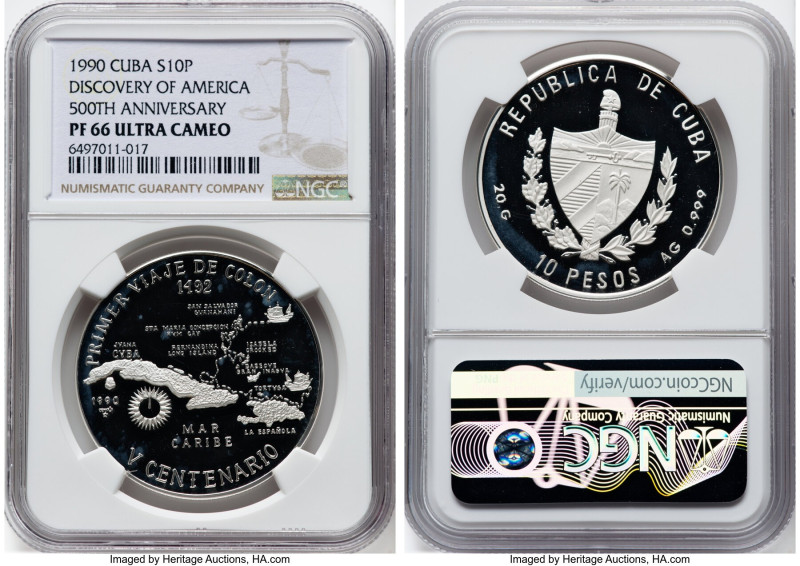 Republic silver Proof "First Voyage of Admiral Cristóbal Colón" 10 Pesos 1990 PR...