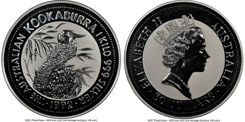 Elizabeth II silver "Kookaburra" 30 Dollars (1 Kilo) 1992-P MS66 NGC, Perth mint...