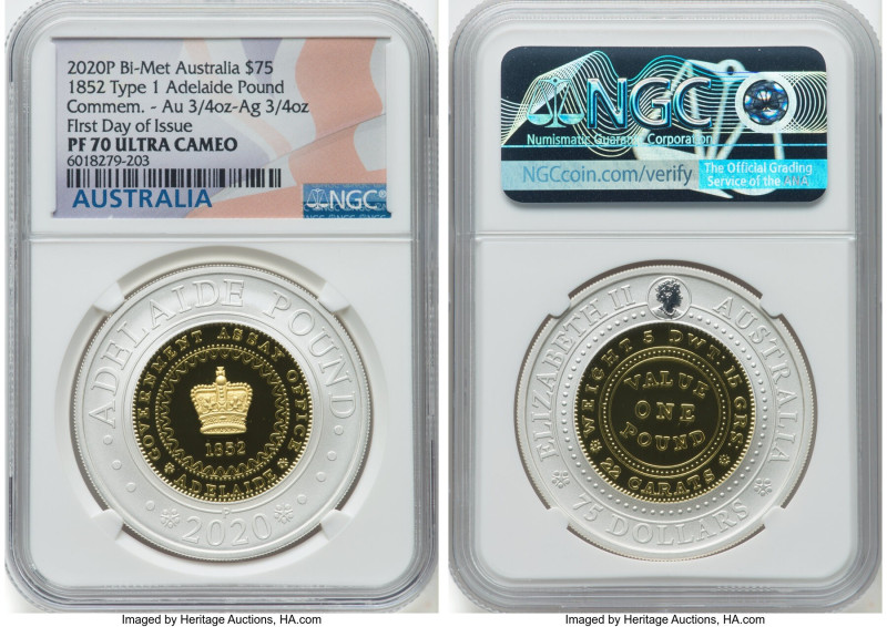 Elizabeth II bi-metallic gold & silver Proof "1852 Adelaide Pound" 75 Dollars 20...