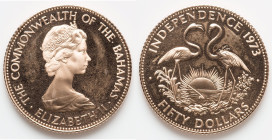 British Commonwealth. Elizabeth II gold "Independence Anniversary - Two Flamingos" 50 Dollars 1973-JP UNC, John Pinches mint, KM48. AGW: 0.2515 oz. HI...