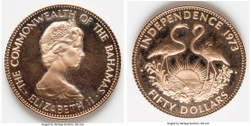 British Commonwealth. Elizabeth II gold "Independence Anniversary - Two Flamingos" 50 Dollars 1973-JP UNC, John Pinches mint, KM48. AGW: 0.2515 oz. HI...