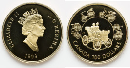 Elizabeth II gold Proof "Horseless Carriage" 100 Dollars 1993 UNC, Royal Canadian mint, KM245. AGW: 0.2499 oz. HID09801242017 © 2023 Heritage Auctions...