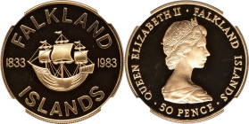 British Colony. Elizabeth II gold Proof "150th Anniversary of British Rule" 50 Pence 1983 PR69 Ultra Cameo NGC, Royal mint, KM19b, Fr-7. Mintage: 150....